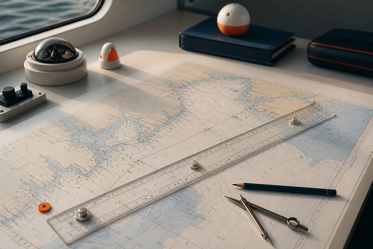 Règle de navigation posée sur une carte marine de côte