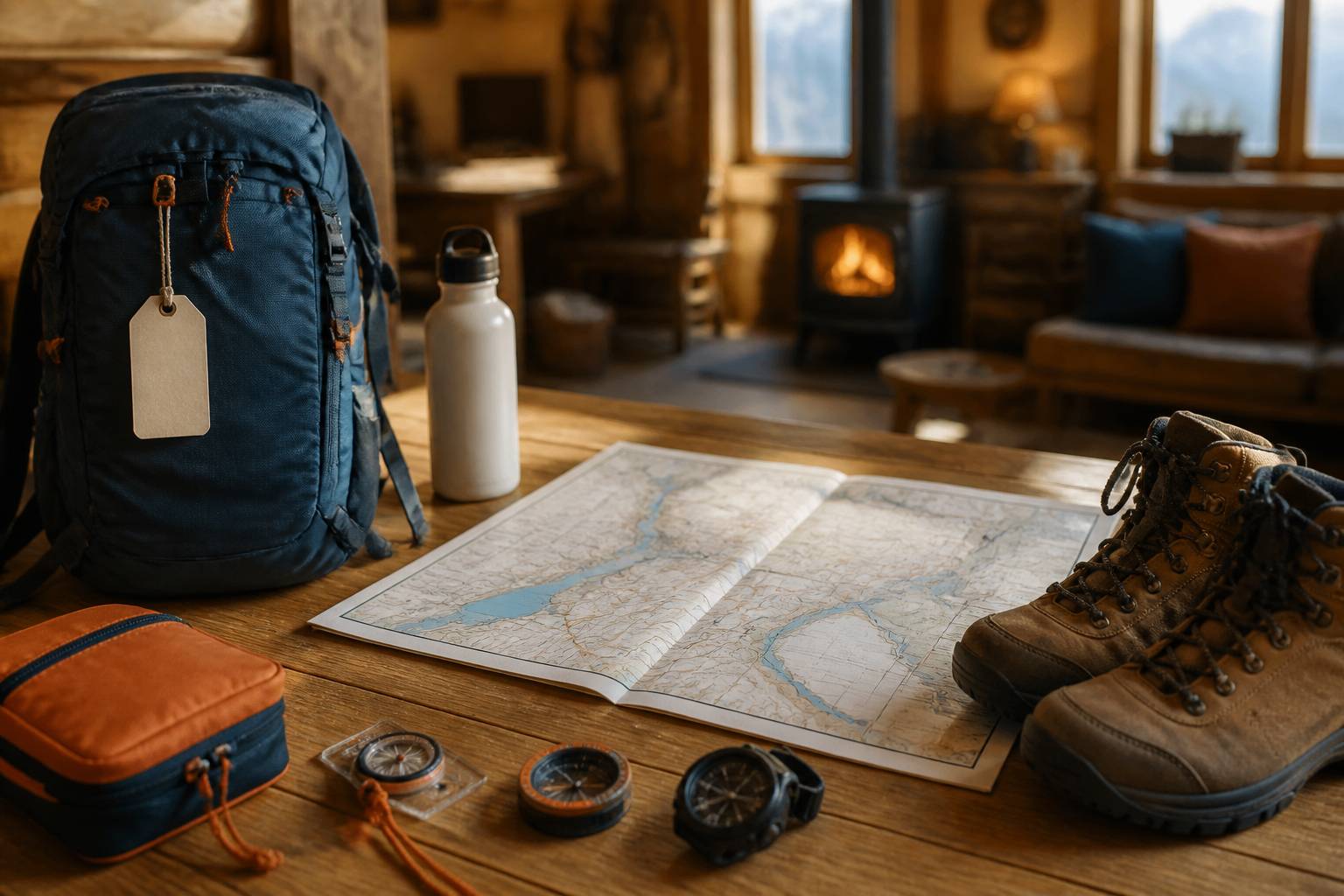 Sac à dos de randonnée posé sur une table de refuge avec carte dépliée, chaussures de marche et gourde