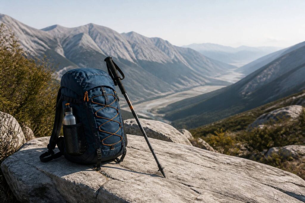 Sac à dos de randonnée posé sur un rocher en bord de sentier