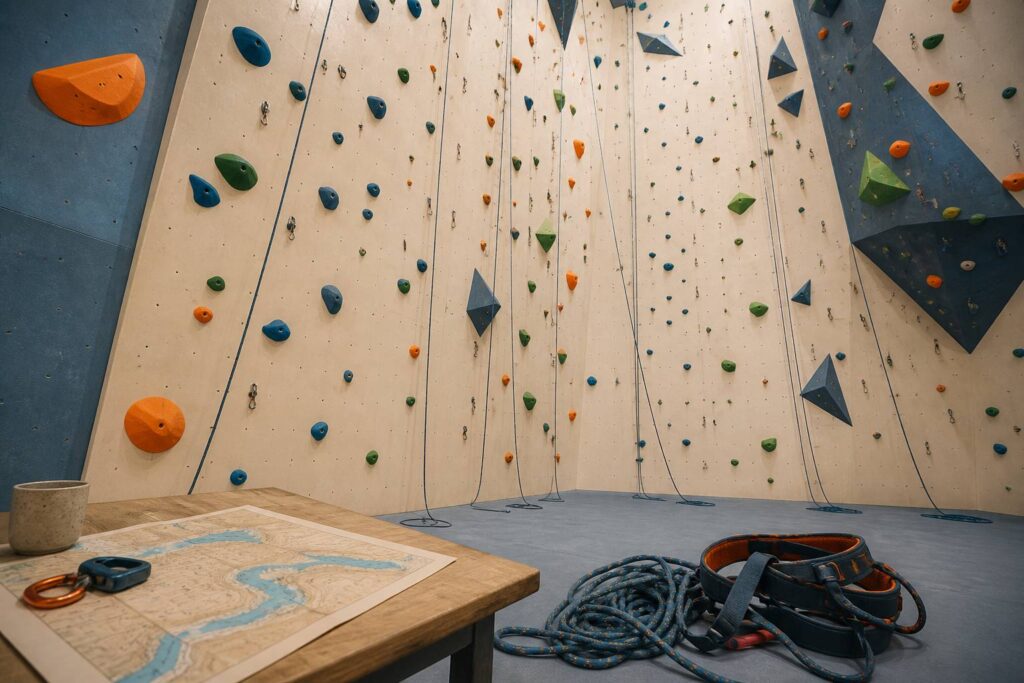 Mur d'escalade interieur aux prises colorees avec corde et baudrier