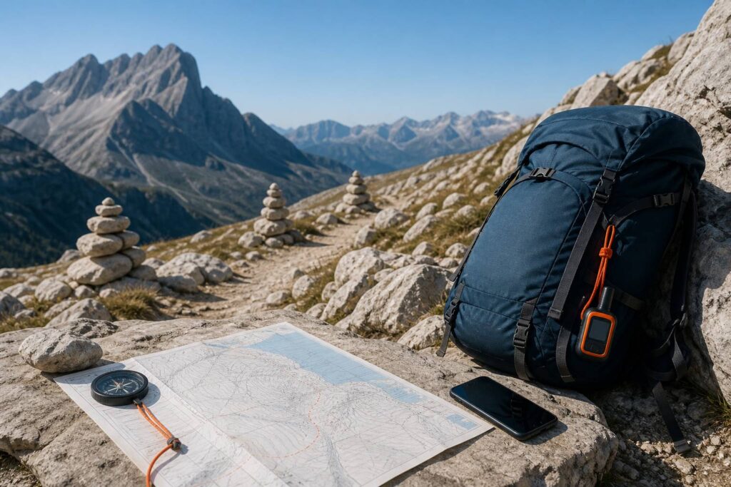 Sentier de montagne avec sac à dos et téléphone