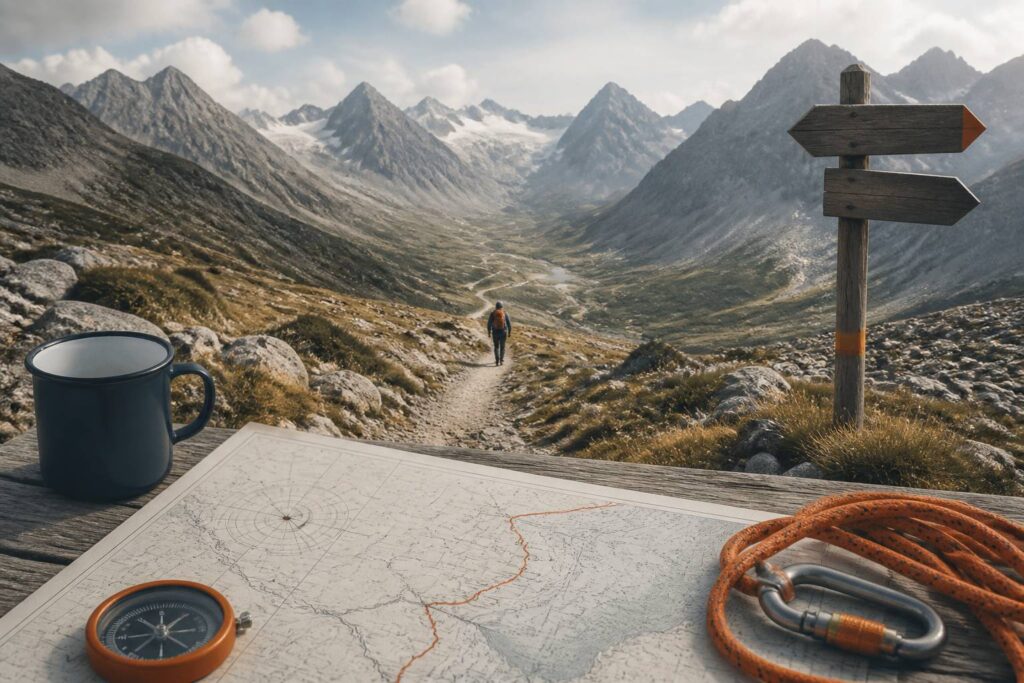 Sentier de grande randonnée serpentant dans une vallée alpine avec un randonneur de dos et des sommets en toile de fond