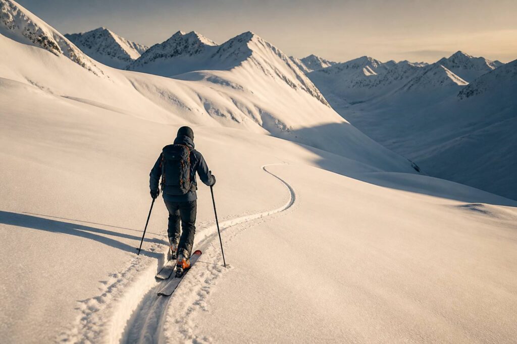 Skieur de randonnée traçant sa route dans une poudreuse