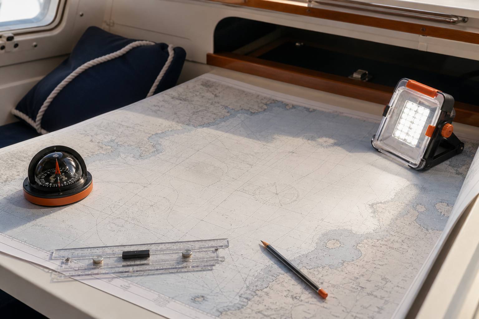 Carte marine et compas sur une table de cockpit