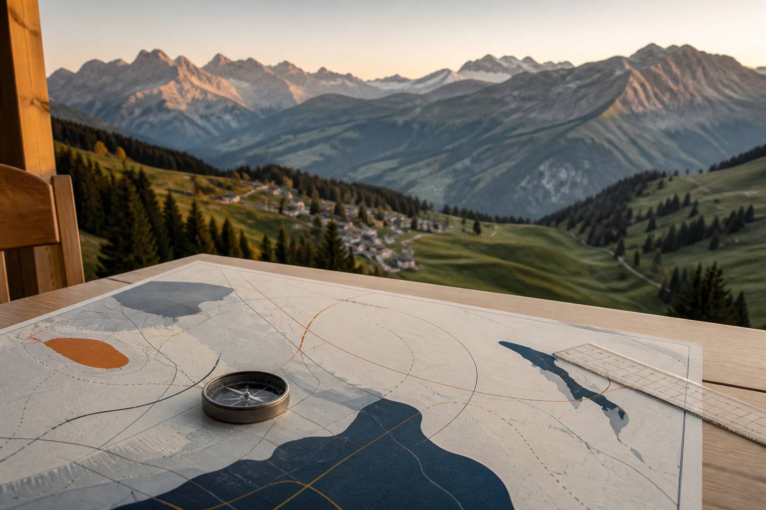 Vallée alpine avec alpages et sommets en arrière-plan