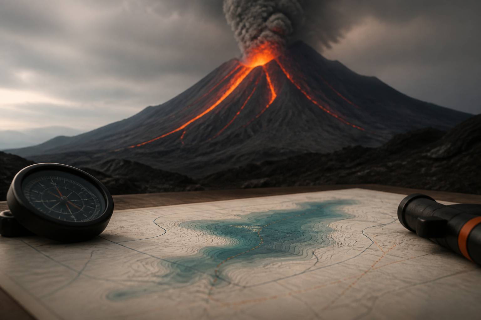 Vue large d'un volcan avec un panache de cendres au-dessus d'un paysage sombre