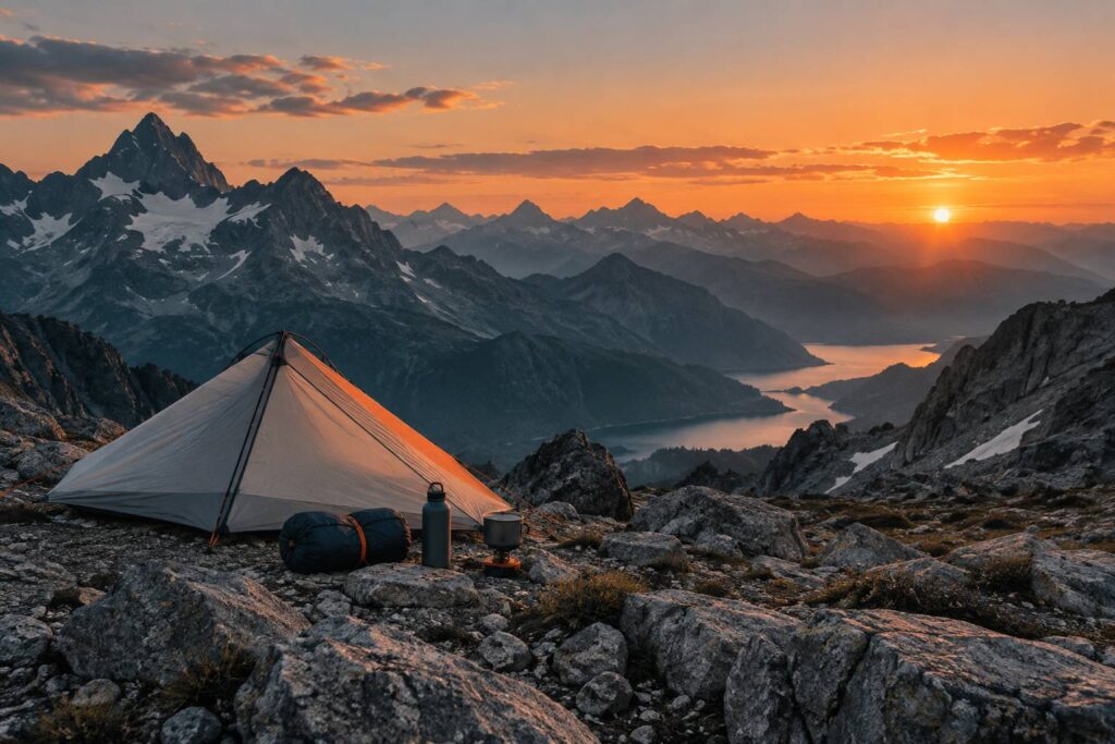 Tente de bivouac ultralégère au crépuscule face aux montagnes