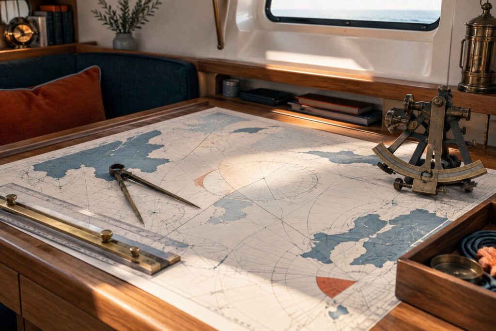 Carte marine abstraite et compas sur une table de navigation