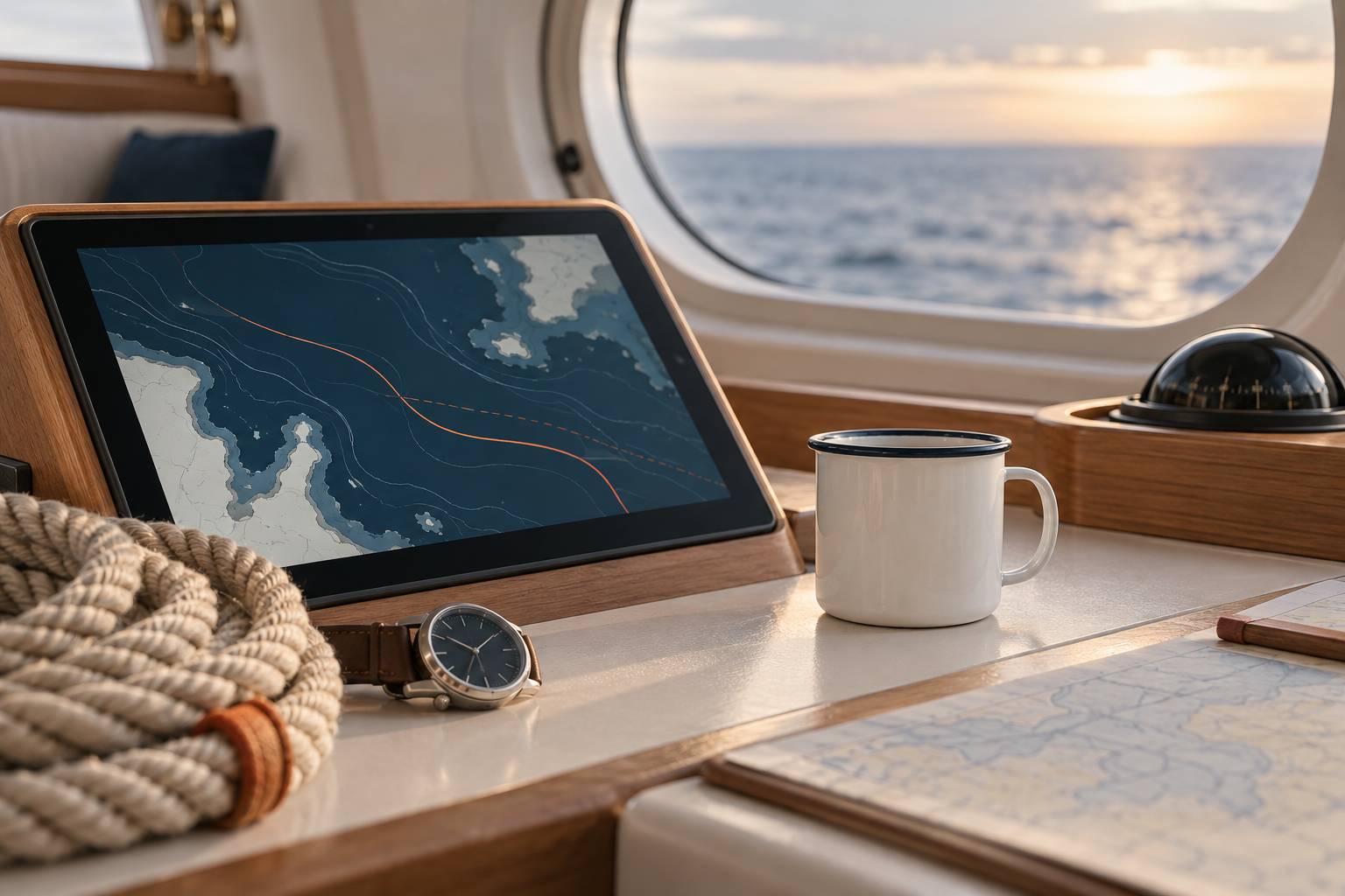 Écran de cartographie abstraite et cordage dans un poste de navigation