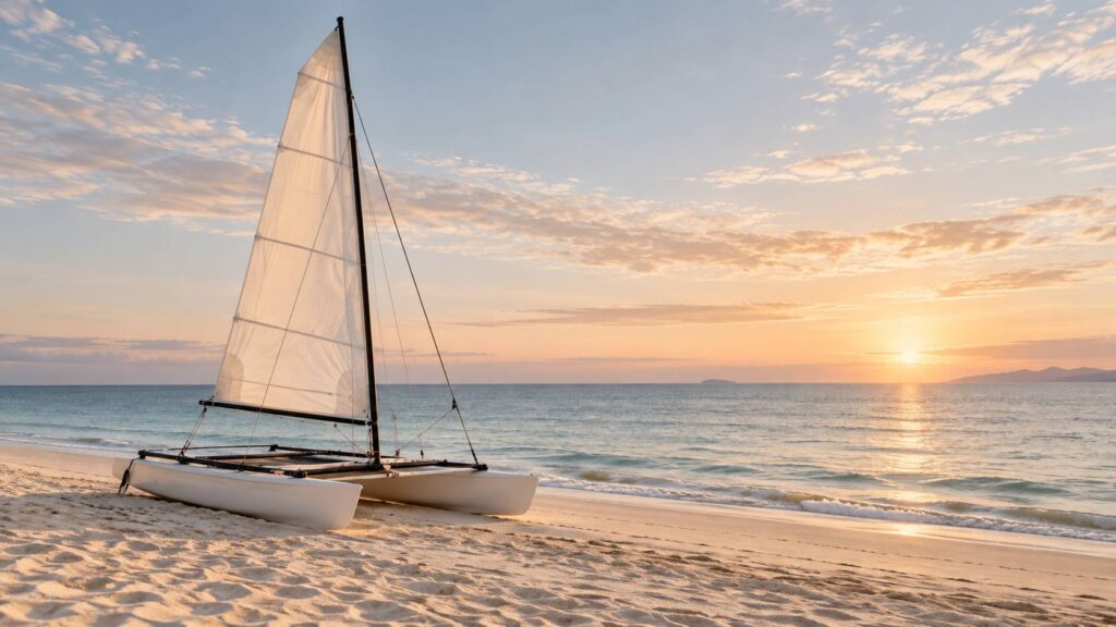Catamaran de plage generique a deux coques pose sur le sable au bord de mer