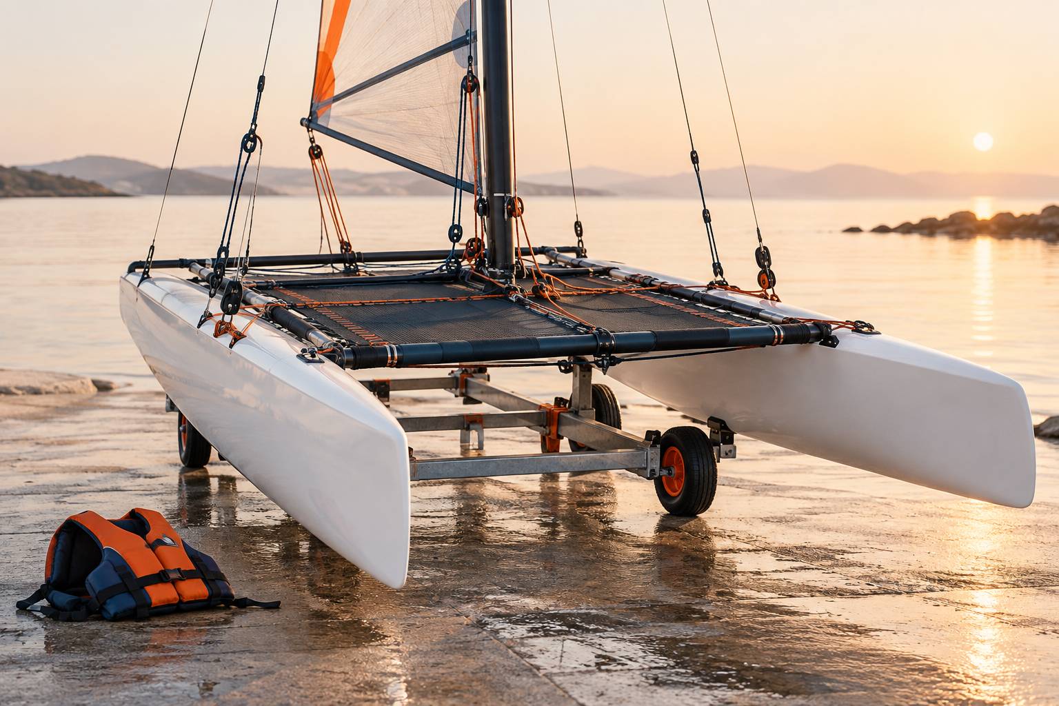 Coque et trampoline d'un catamaran de sport sur une cale de mise a l'eau
