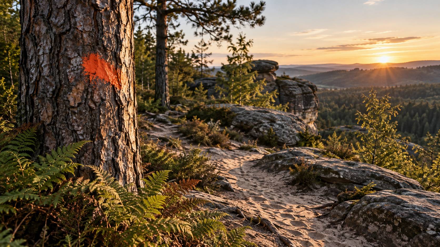 Détail d'une marque rouge de balisage peinte sur un tronc le long du sentier
