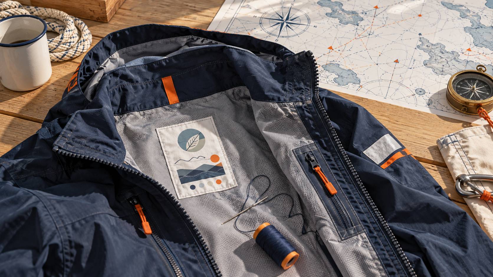 Étiquette et couture d'une veste technique avec repère d'éco-score