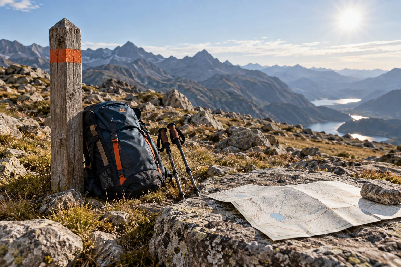 Détail d'un sentier balisé avec sac à dos et carte de randonnée