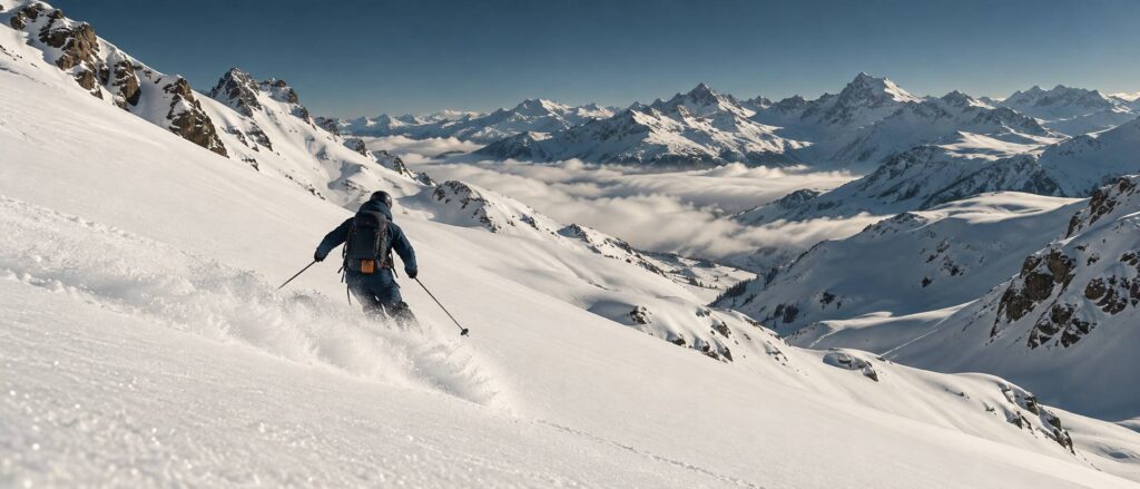 Skieur de dos en hors-piste avec détecteur de victime d'avalanche à la ceinture