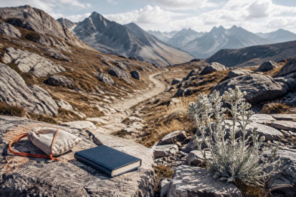Plante alpine duveteuse à feuilles argentées poussant entre les rochers d'un alpage en été