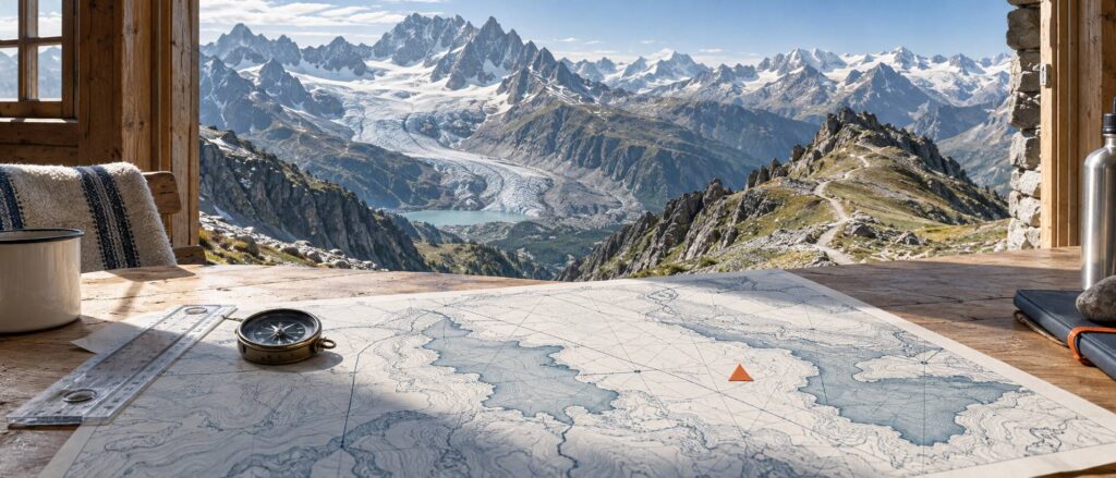 Pics rocheux et glacier des Écrins avec vallée profonde et sentier de crête