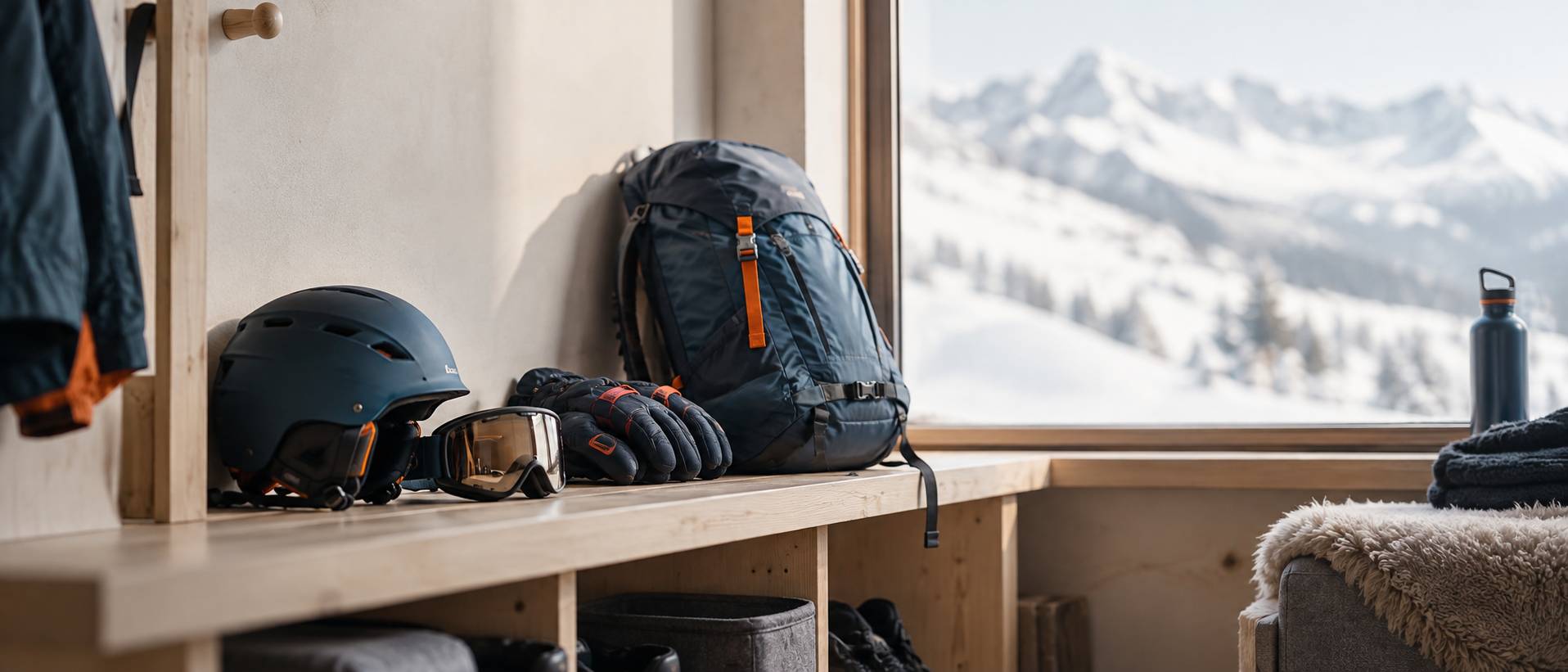 Veste de ski matelassee posee sur un banc avec gants et bonnet en hiver