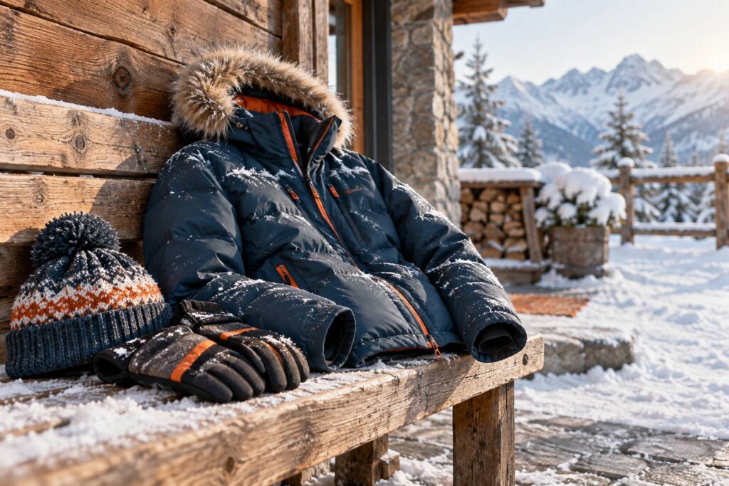 Veste de ski matelassee posee sur un banc avec gants et bonnet en hiver