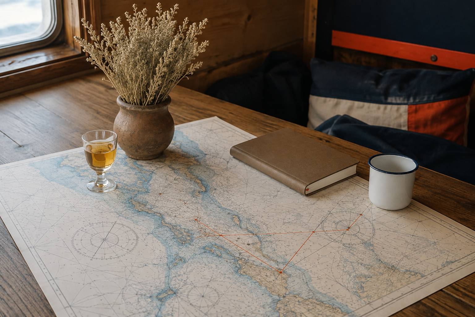 Verre de liqueur de génépi ambrée avec bouquet d'armoises séchées sur une table de refuge en bois