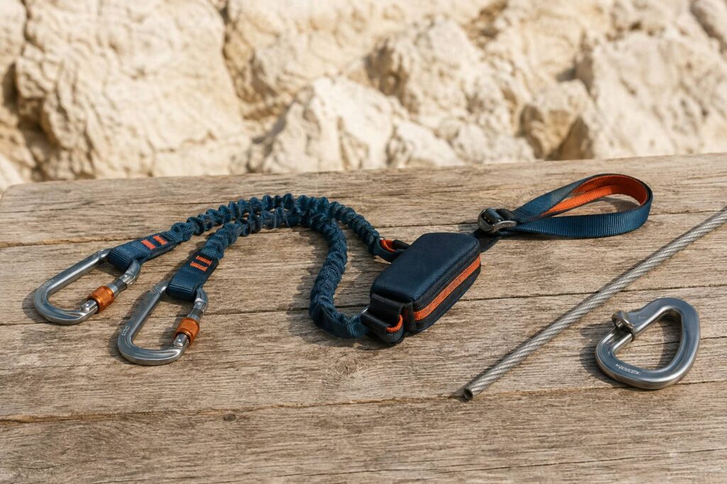 Longe de via ferrata complète avec mousquetons posée sur une table en bois de refuge