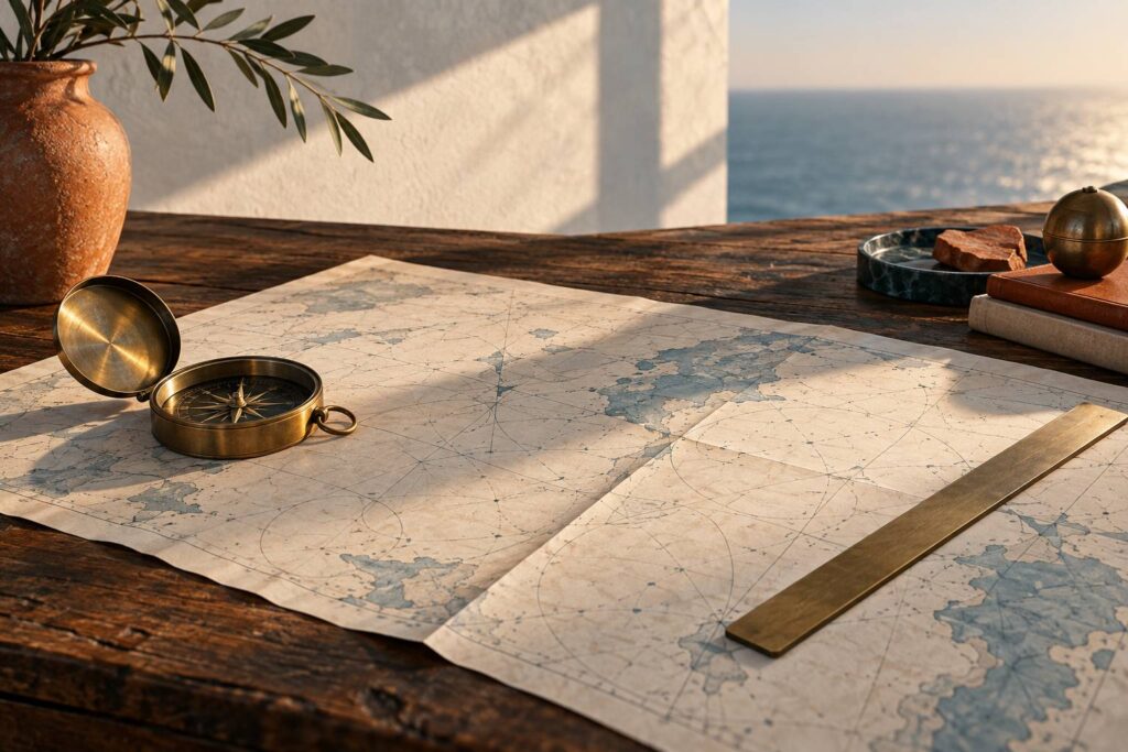 Table de navigation avec carte nautique depliee et instrument de trace