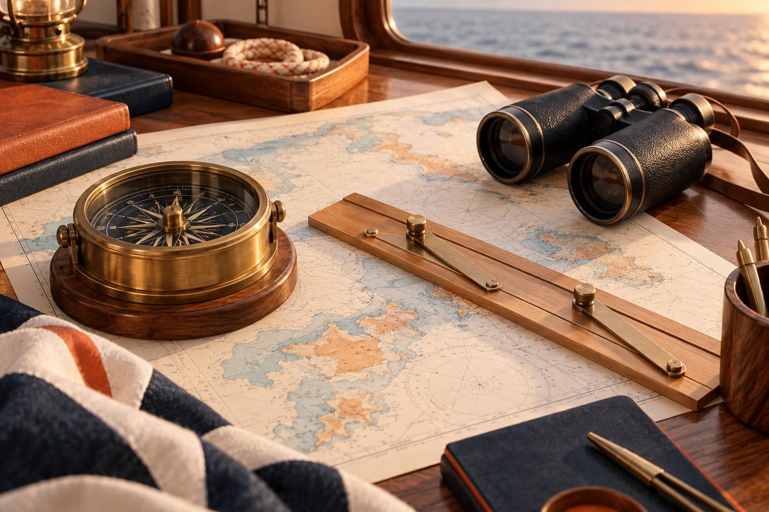 Instruments de navigation poses sur une table de bord en bois