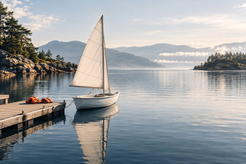 Petit deriveur d'initiation a voile unique amarre a un ponton flottant