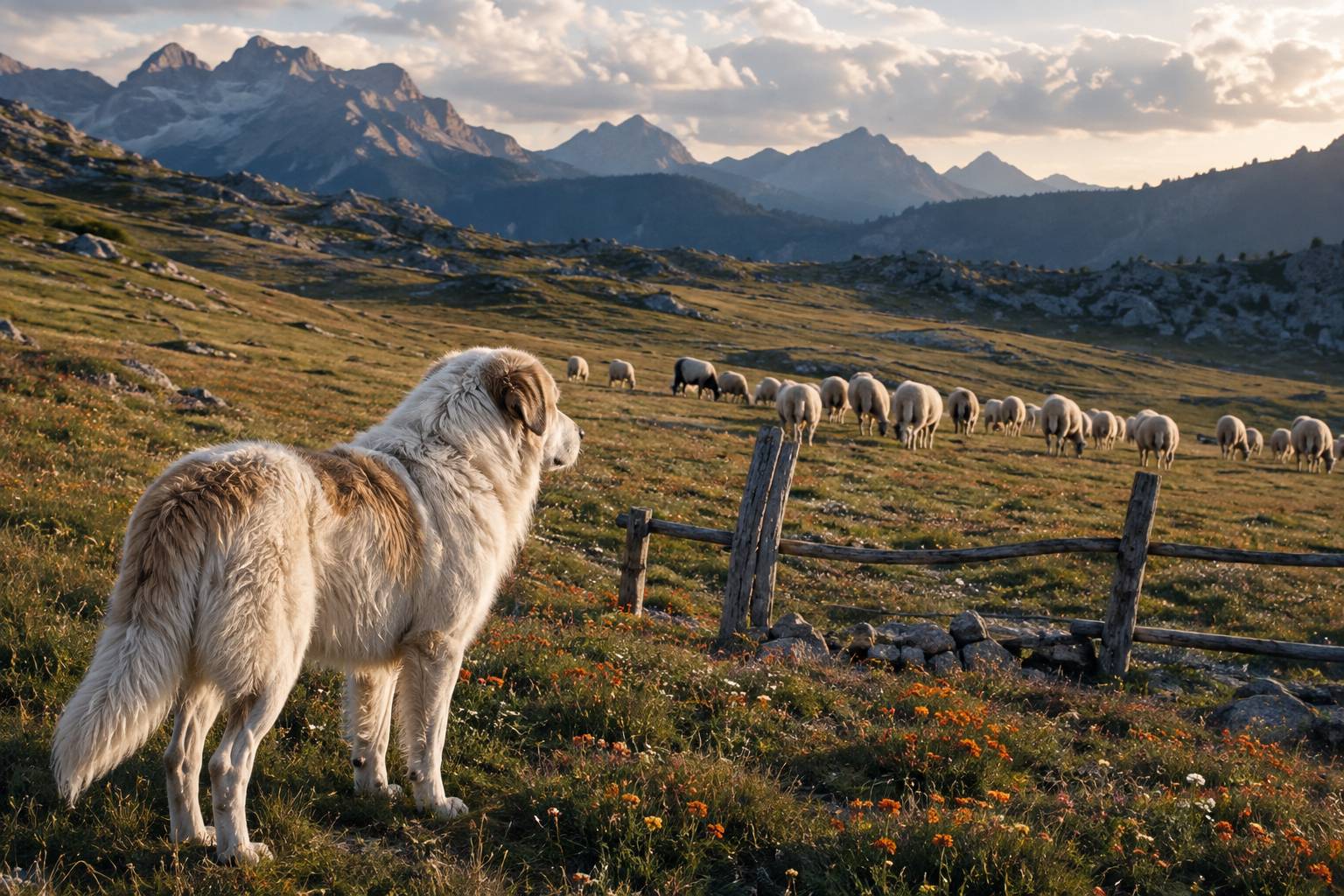 Chien patou blanc surveillant un troupeau de brebis dans un alpage en été