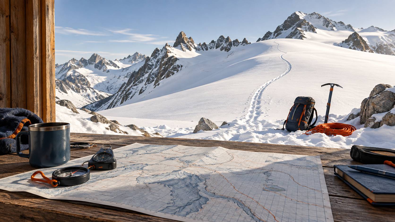 Deux skieurs de randonnée alpins sur une crête enneigée au petit matin, sans dossard ni drapeau
