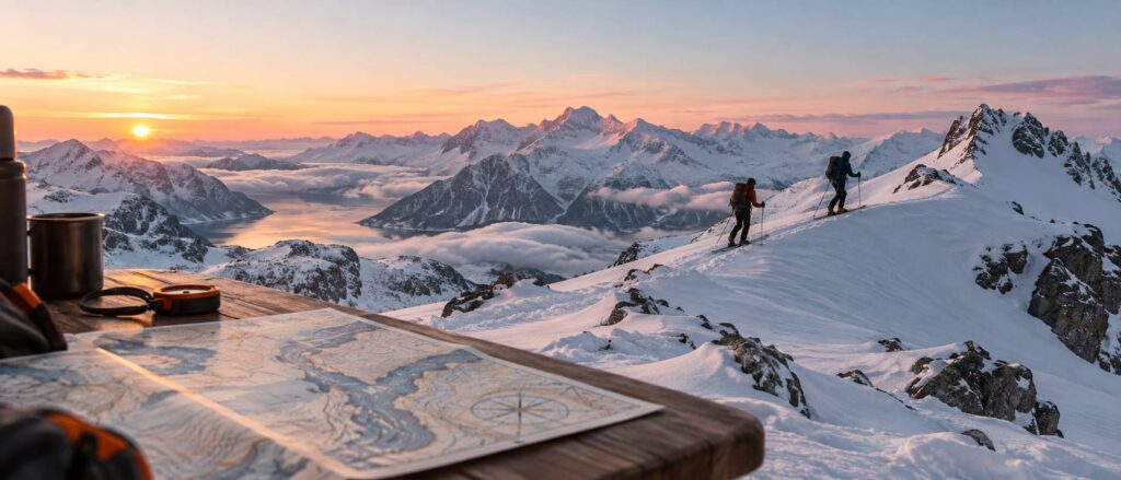 Deux skieurs de randonnée alpins sur une crête enneigée au petit matin, sans dossard ni drapeau