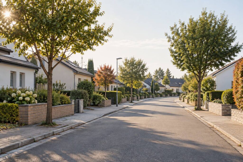 Rue résidentielle calme bordée de maisons basses et de jardinets