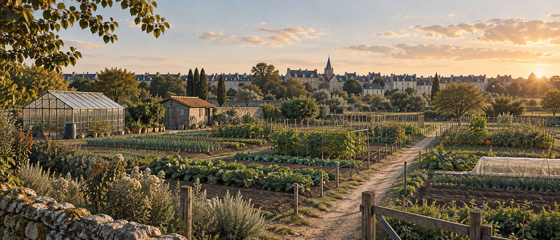 Parcelles maraîchères et serre en lisière de ville au soir