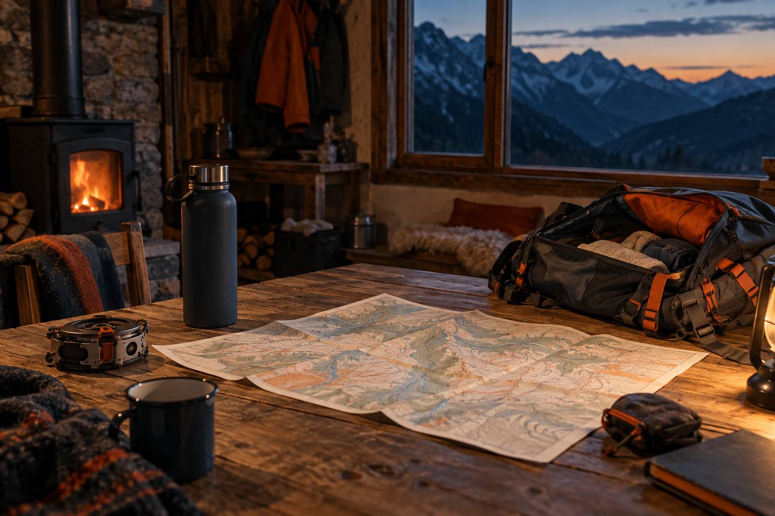 Matériel de randonnée et carte sur la table d'un refuge de montagne