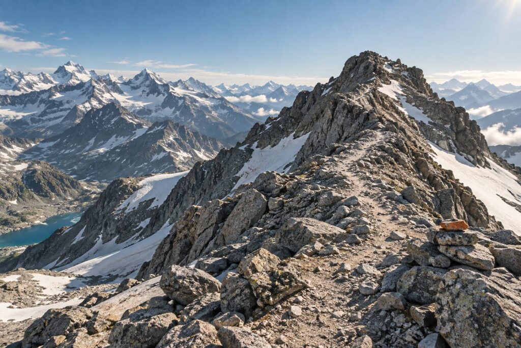 Sentier de crête en haute montagne avec sommets enneigés au loin
