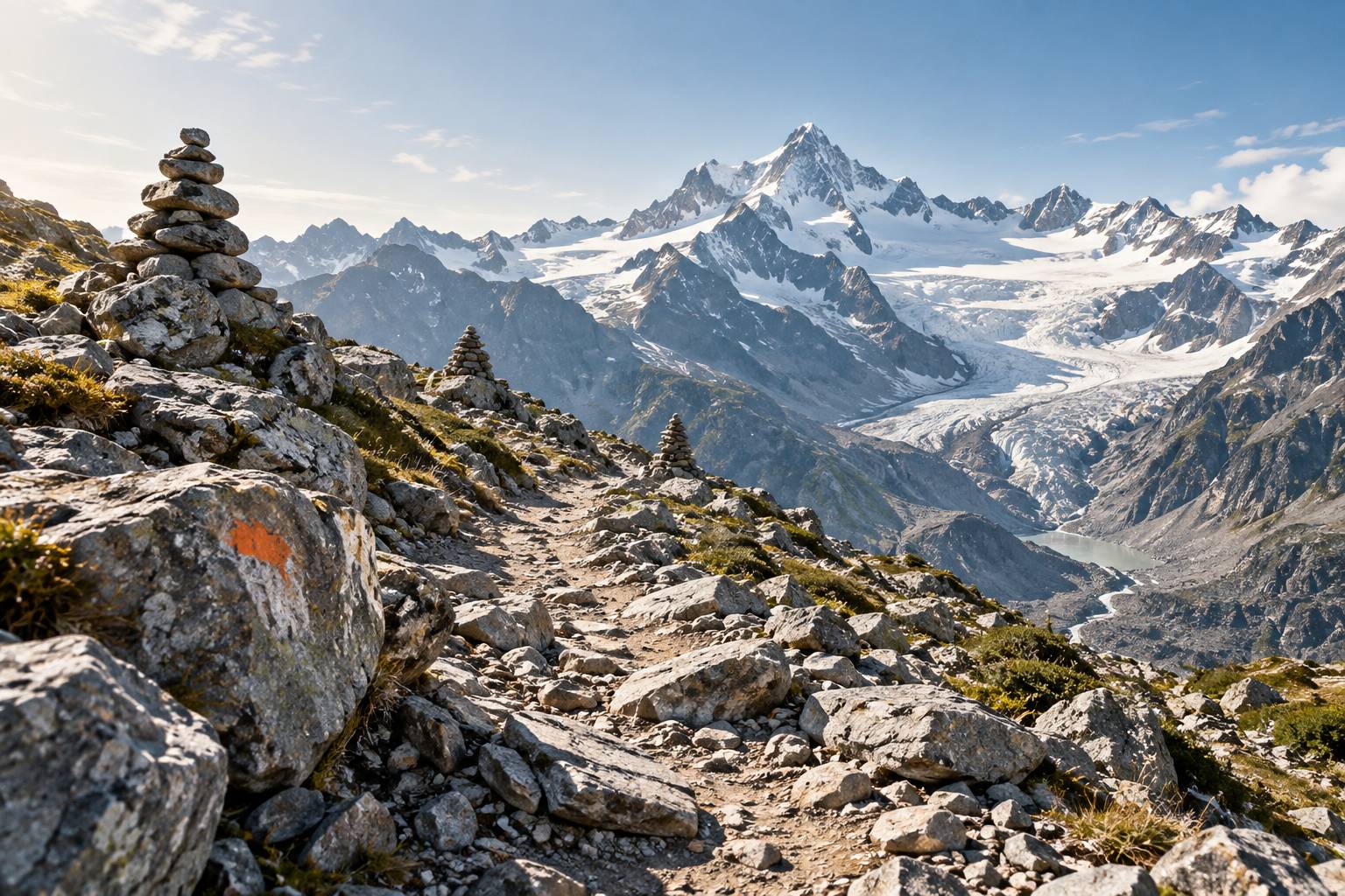 Sentier de montagne balisé de cairns avec glacier et sommet en fond