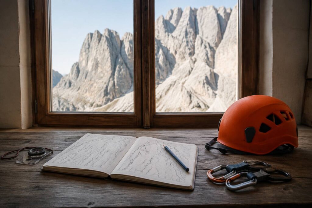 Carnet topo ouvert sur une table de refuge avec casque