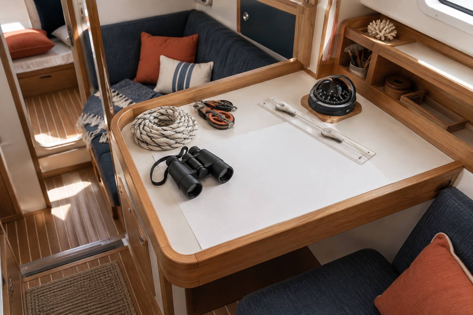 Table à cartes de bord avec compas, jumelles et cordage