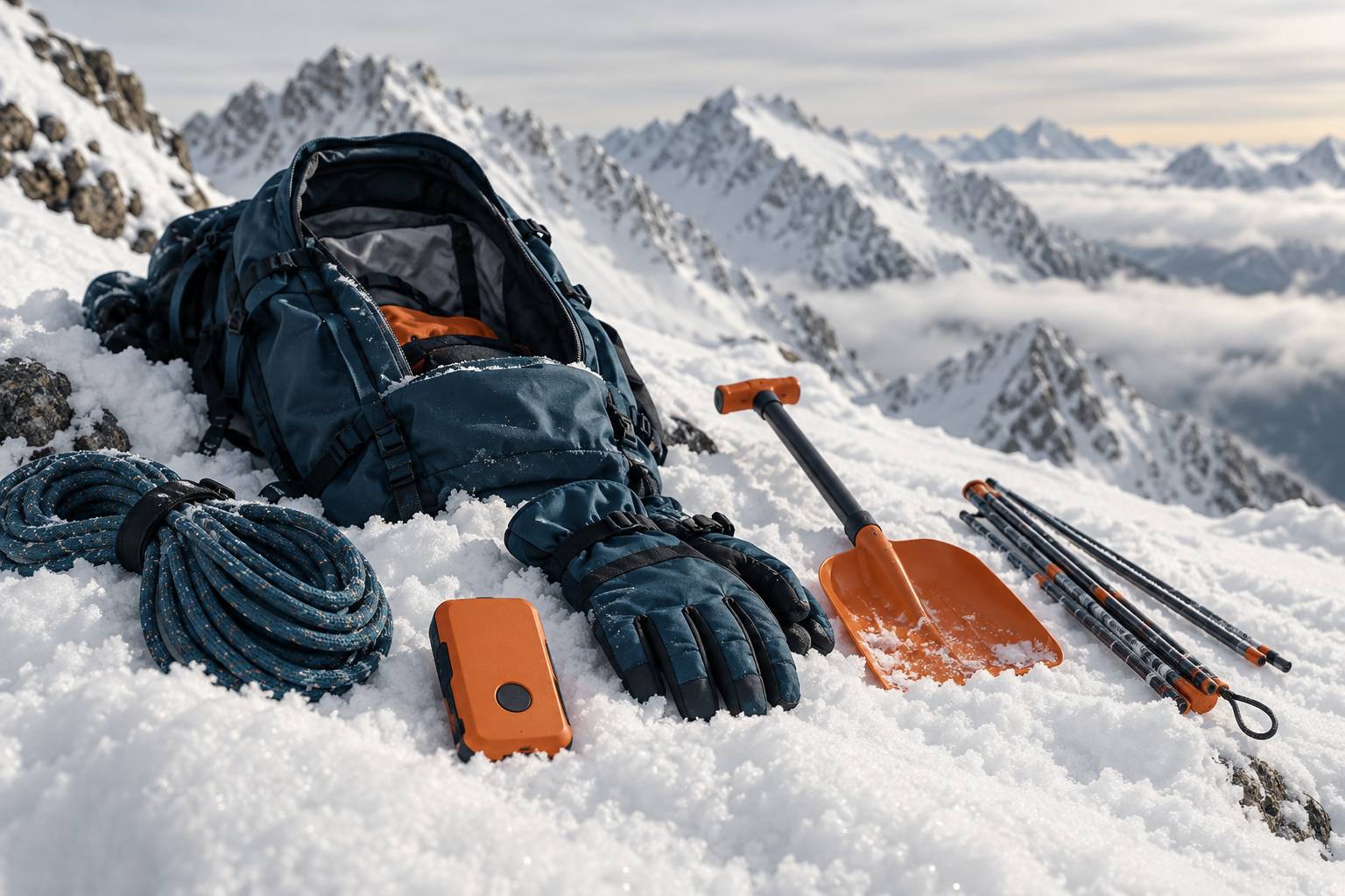 DVA, pelle et sonde posés sur la neige avant un départ hors-piste