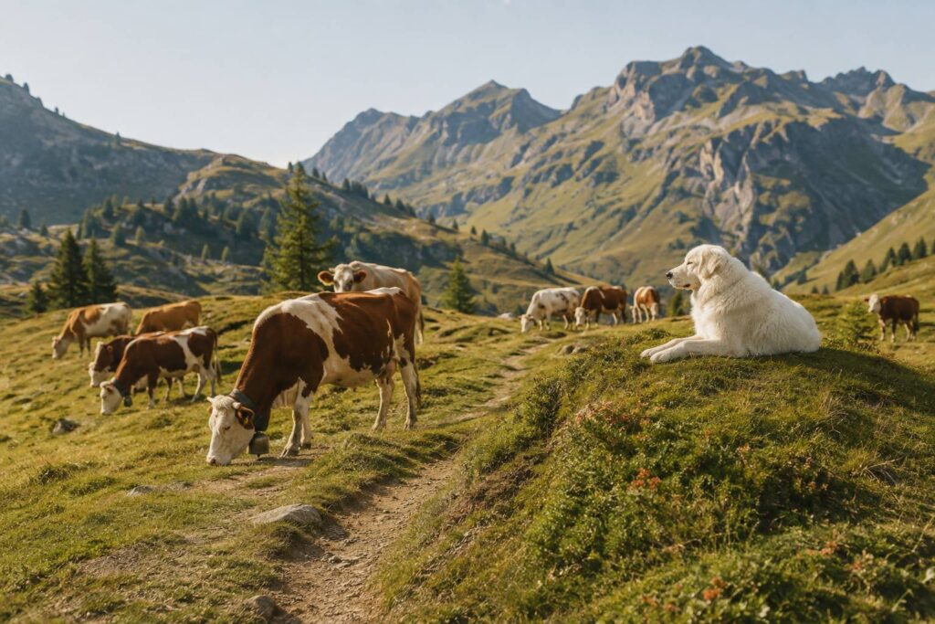 Troupeau de vaches en alpage avec un chien patou blanc en surveillance, montagnes en fond