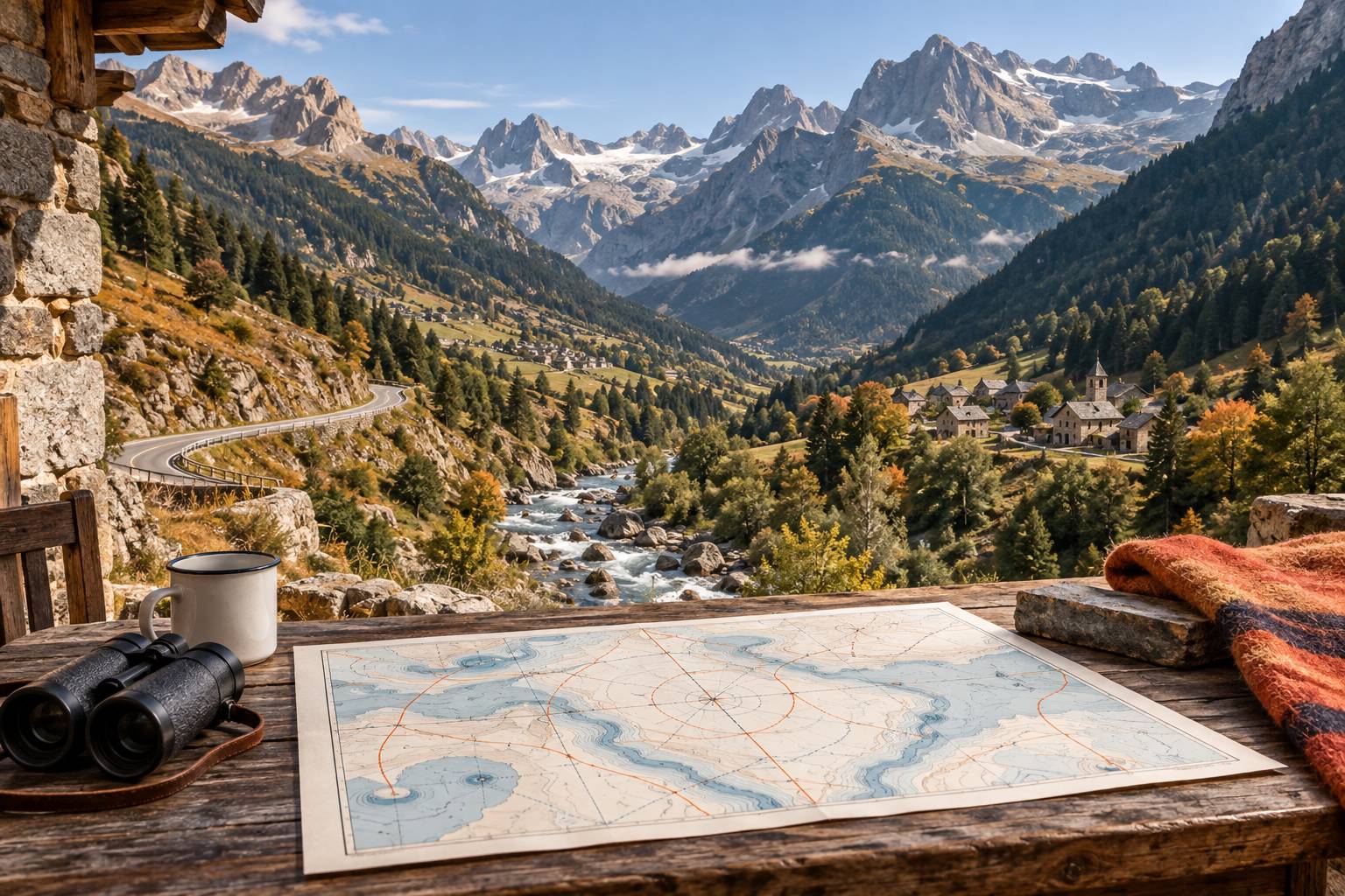 Vue large sur une vallée pyrénéenne encaissée : route et torrent de montagne au premier plan, villages et forê