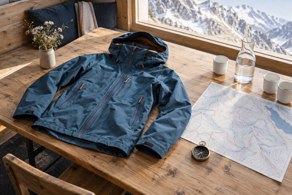 Veste technique de montagne posée sur une table de refuge