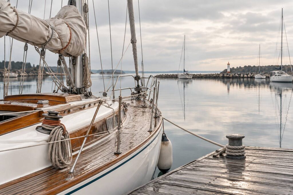 Voilier amarre a un quai de port avec greement et voiles ferlees
