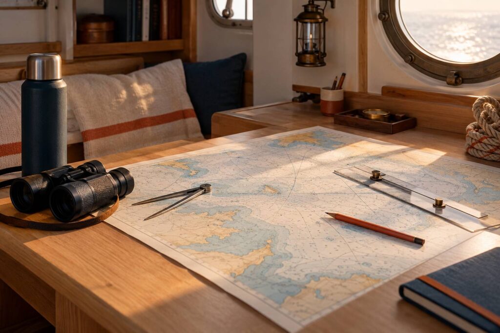 Table de navigation en bois avec carte marine, compas et règle parallèle