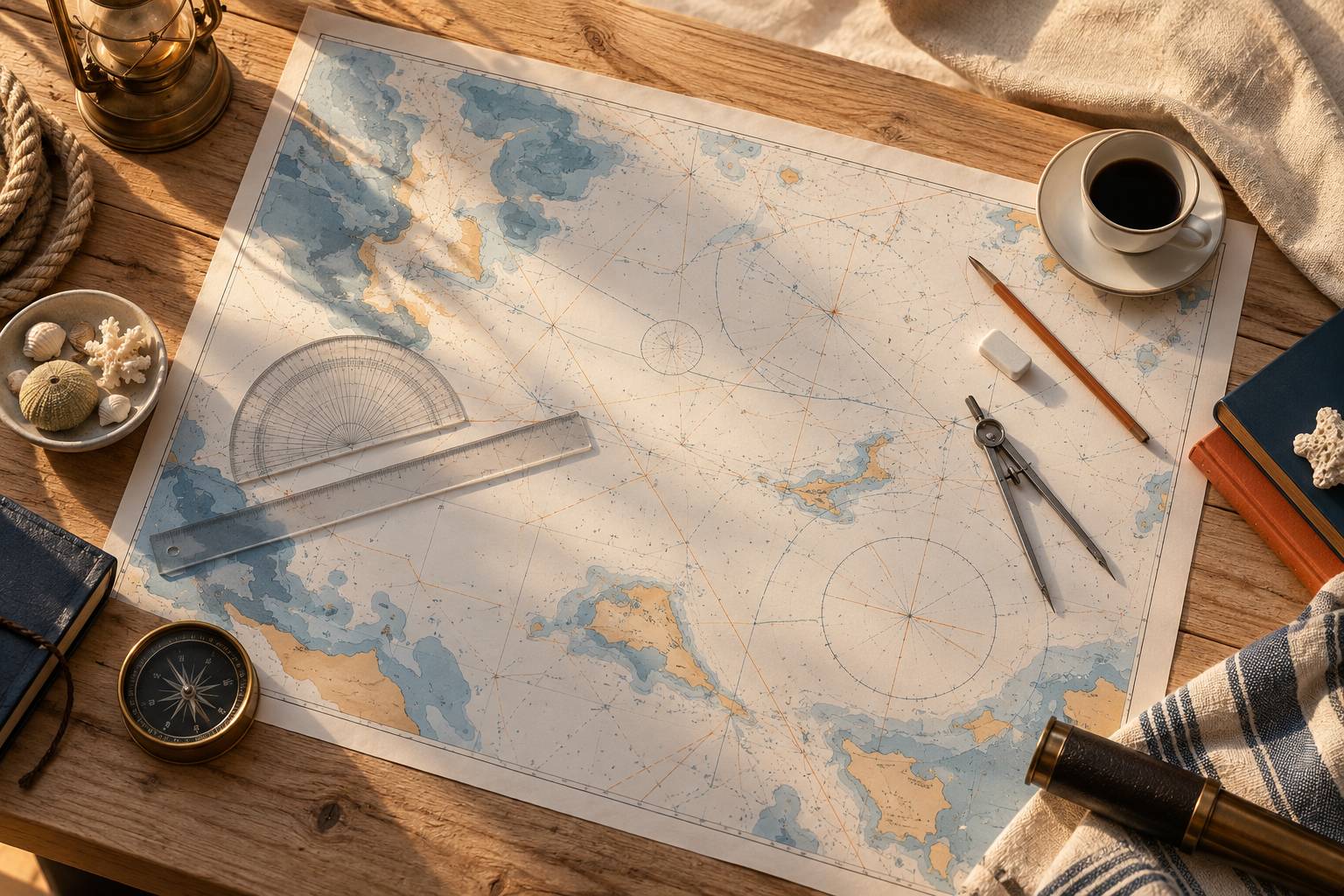 Rapporteur, compas et règle posés sur une carte marine