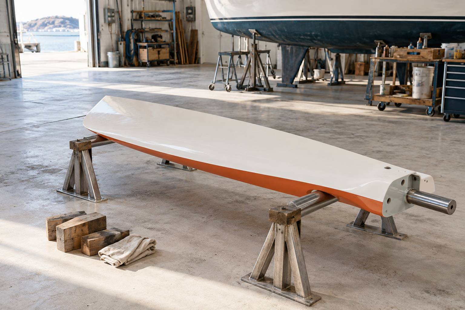 Pale de gouvernail posée sur tréteaux dans un atelier de chantier naval