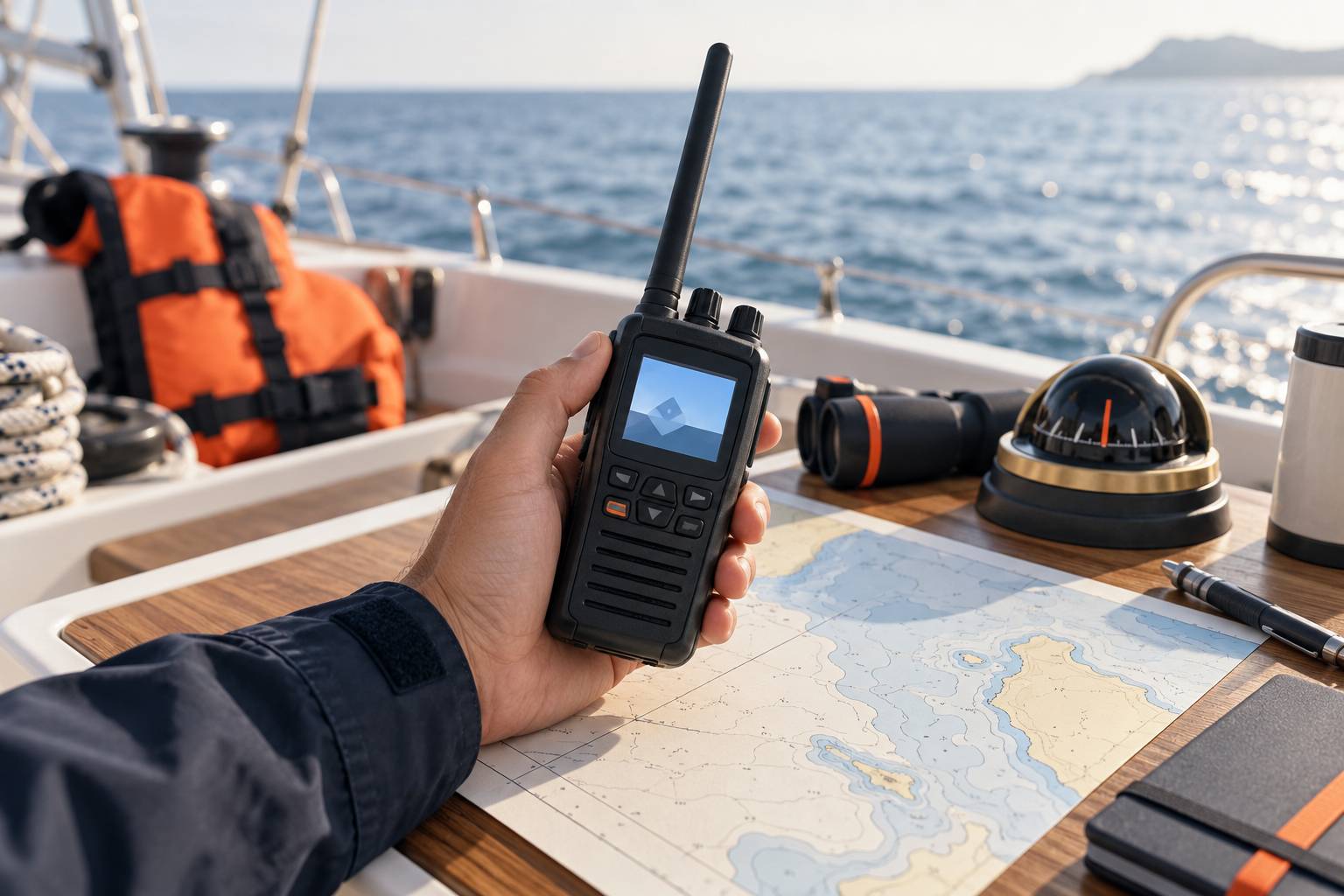 Radio VHF portative générique tenue à bord d'une embarcation