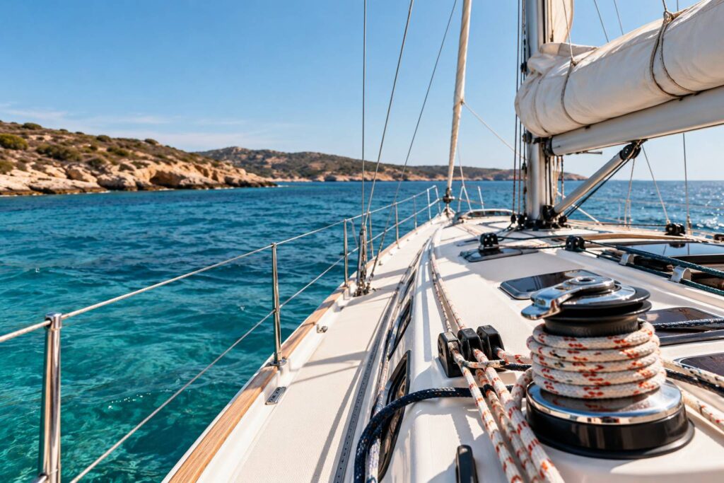 Voilier de croisière sur une eau turquoise devant une côte rocheuse basse et sèche